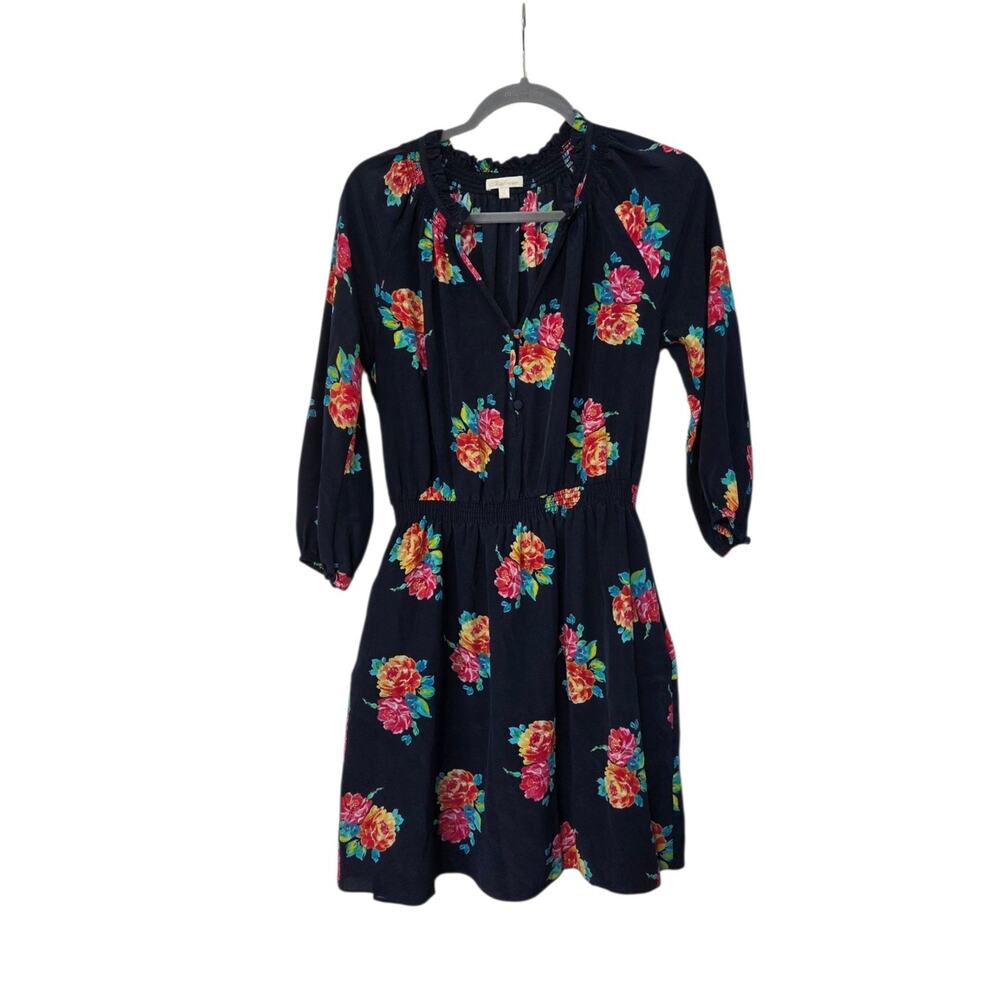 Shoshanna Teagan Vibrant Smocked 100% Silk 3/4 Sleeve Navy Mini Dress, Size 4